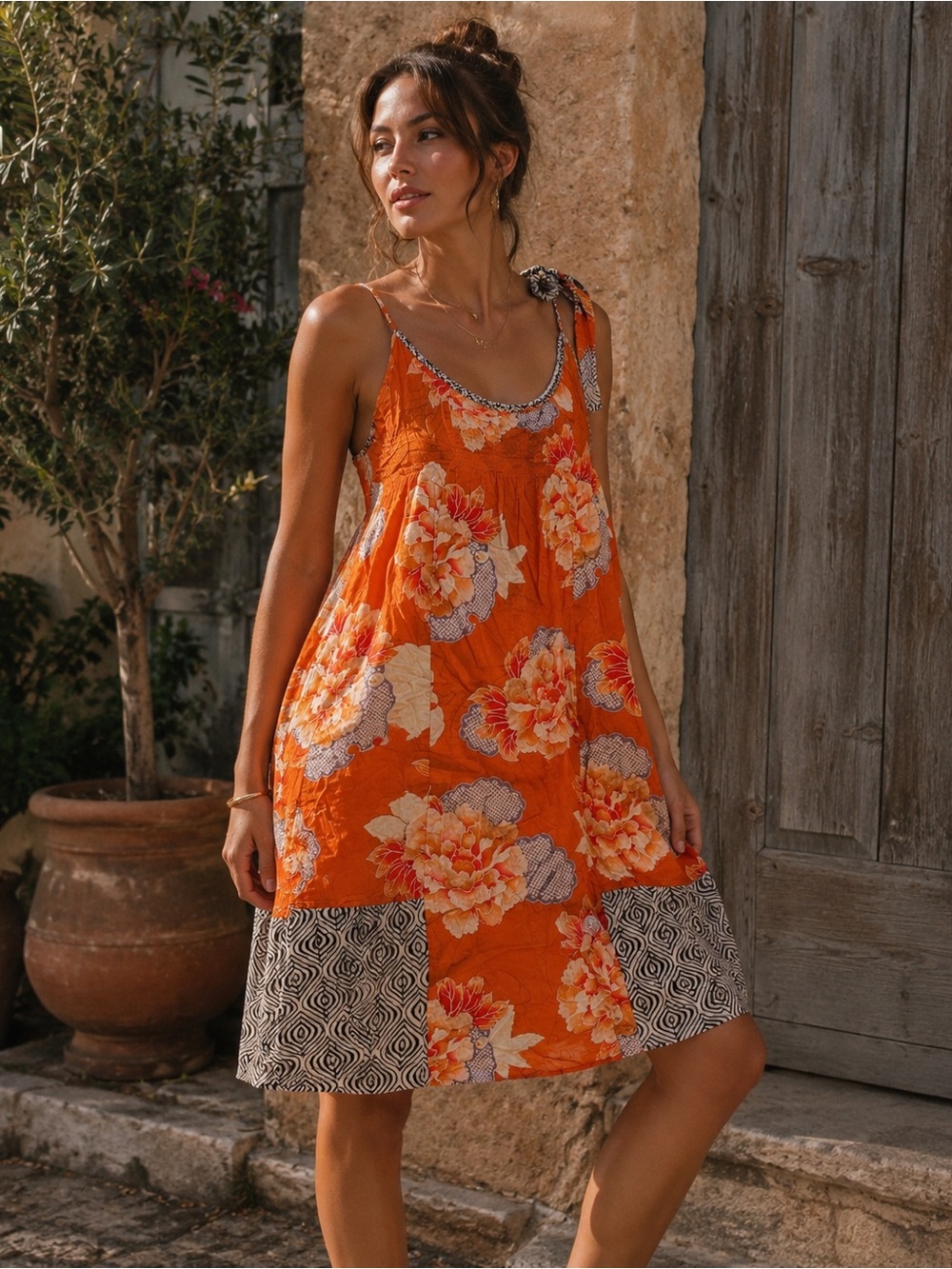 Anthropologie Lilka Floral Orange Cotton Dress L